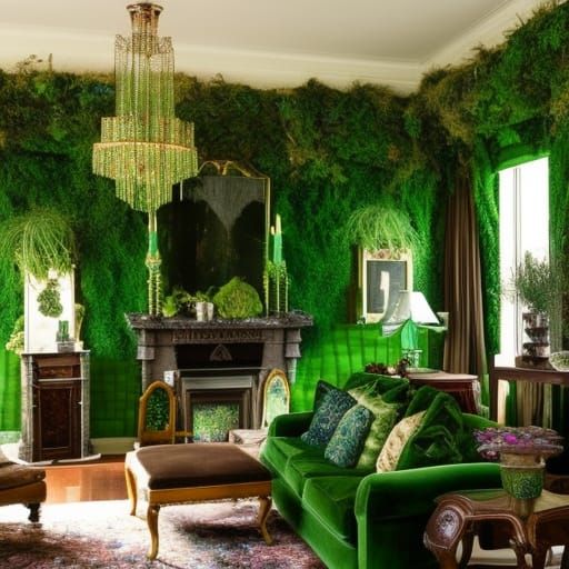 Ethereal earthy moss living room with lots of plants& emerald green gothic furniture& Emerald green Wiccan tapestries&cr...