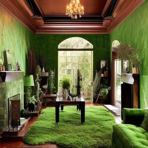 Ethereal earthy moss living room with lots of plants& emerald green gothic furniture& Emerald green Wiccan tapestries&cr...