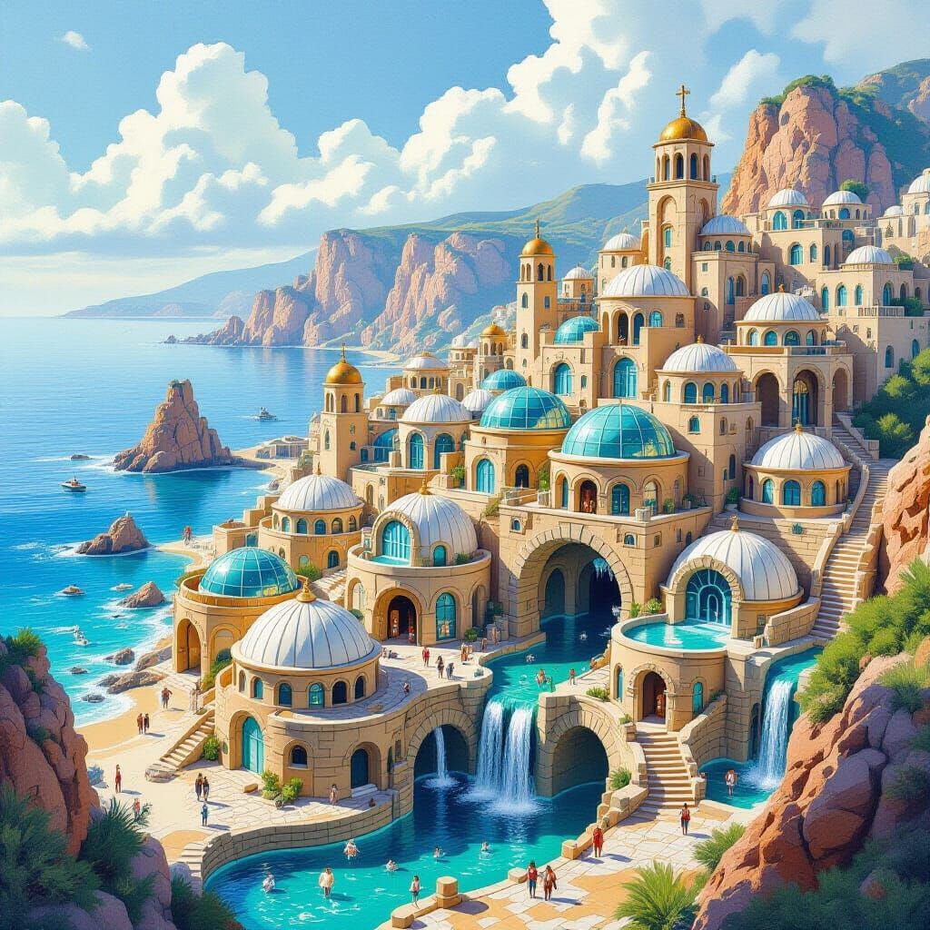 Water-Themed City with Greek and Cyberpunk Elements