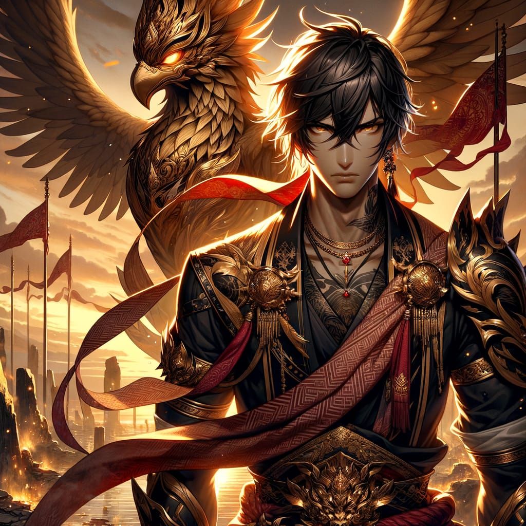 Anime Warrior with Garuda in Battlefield Aftermath