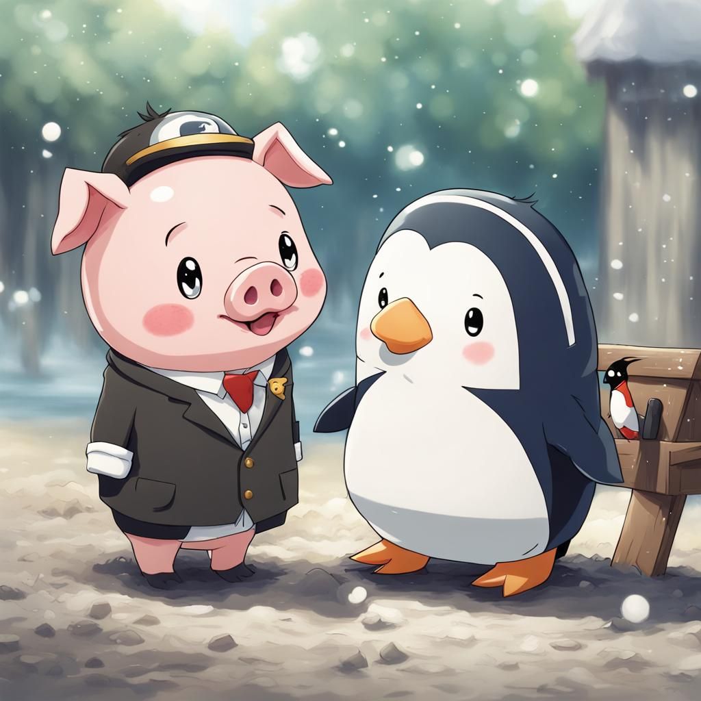 Adorable Anime-Style Pig and Penguin Duo