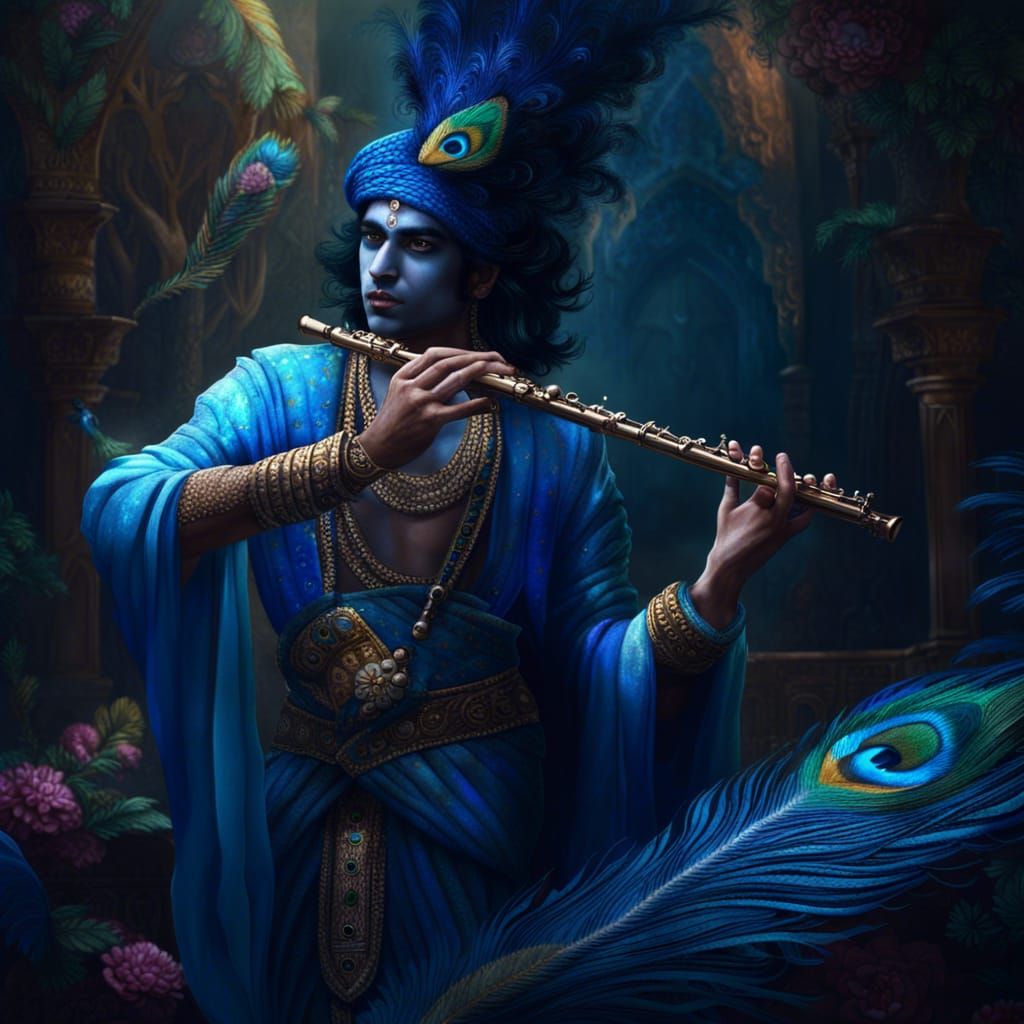 Krishna, boy blue skin, plays the flute in beautiful clothes, peacock feather in black hair,