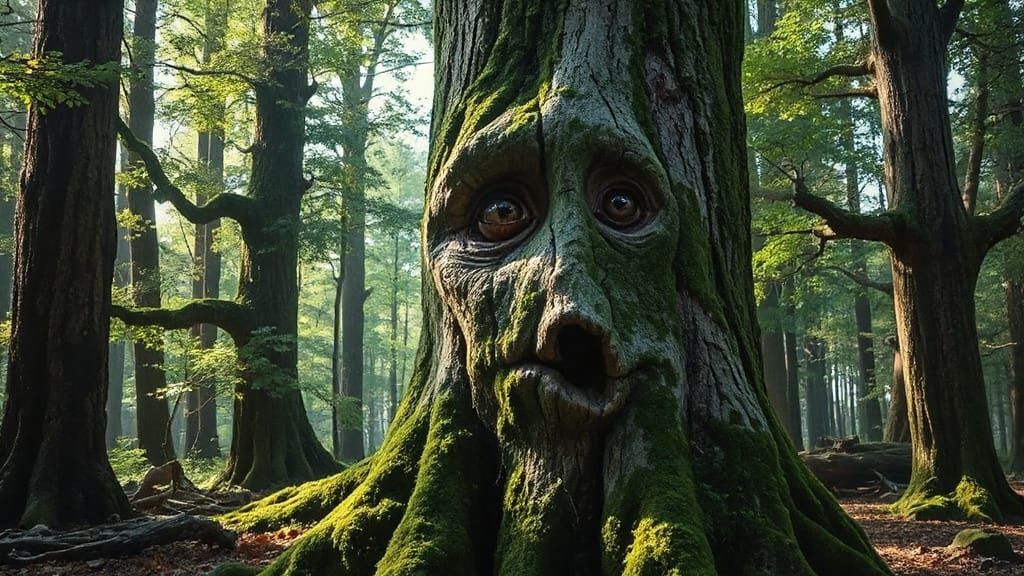 Ancient Forest Tree with Whimsical, Surprised Face in Anime-...