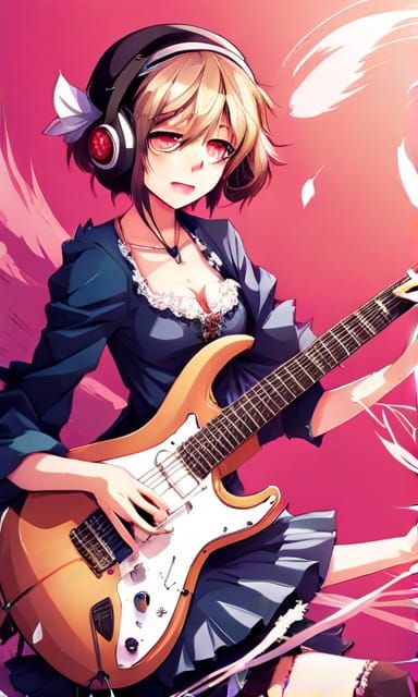 Anime girl Playing Electric Guitar, 
Anime by Kawacy, Kukka,  Kieed, Keisan, Hajime Isayama, Tite Kubo, Akira Toriyama, ...