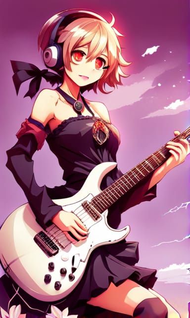 Anime girl Playing Electric Guitar, 
Anime by Kawacy, Kukka,  Kieed, Keisan, Hajime Isayama, Tite Kubo, Akira Toriyama, ...
