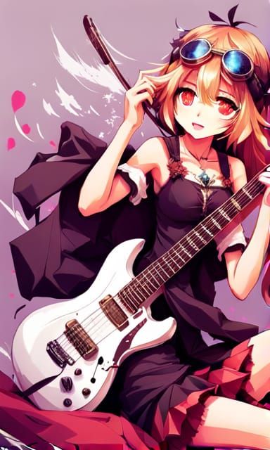 Anime girl Playing Electric Guitar, 
Anime by Kawacy, Kukka,  Kieed, Keisan, Hajime Isayama, Tite Kubo, Akira Toriyama, ...