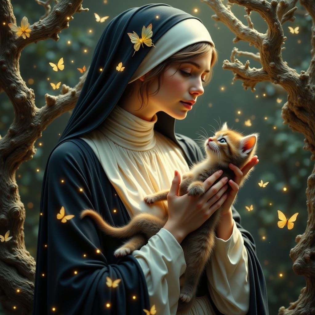 Ethereal Nun With Kitten and Dragon in Mystical Forest