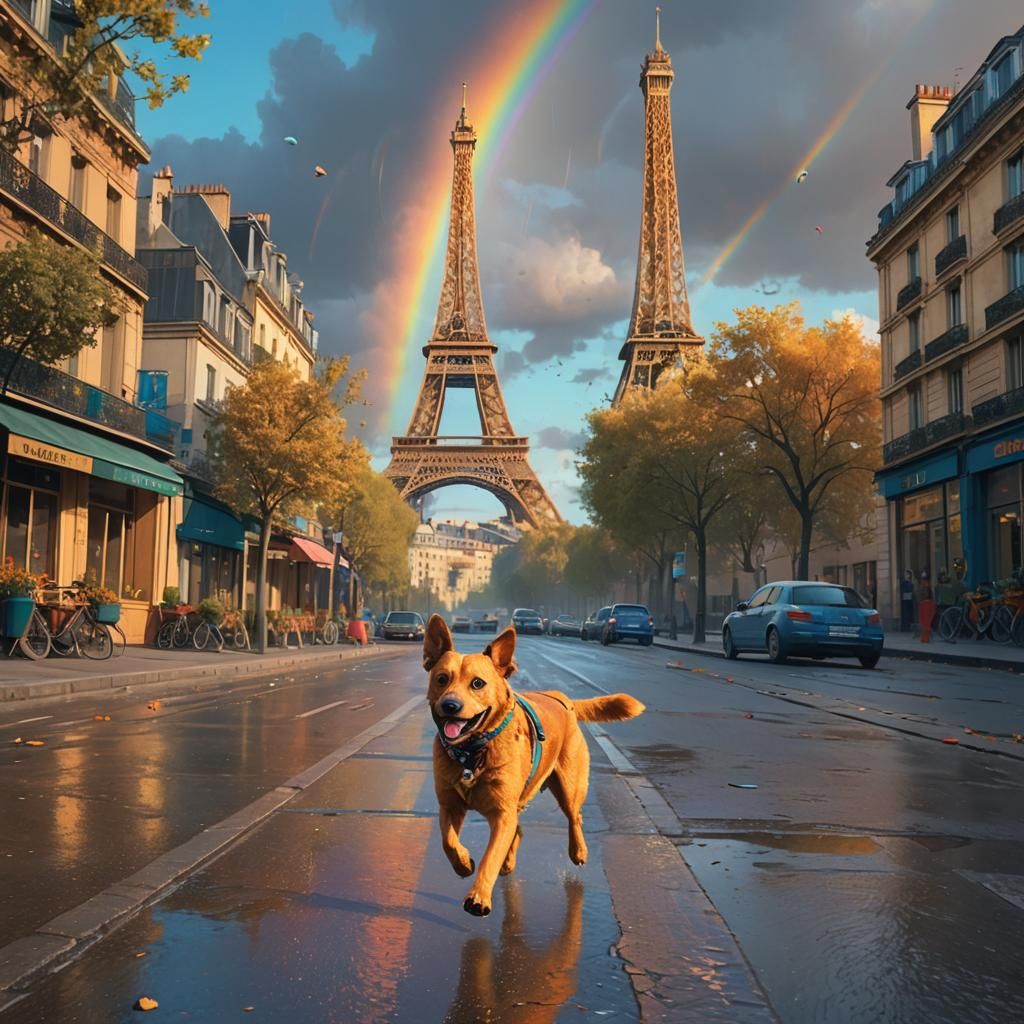 Vibrant Parisian Fantasy with Dog and Rainbow