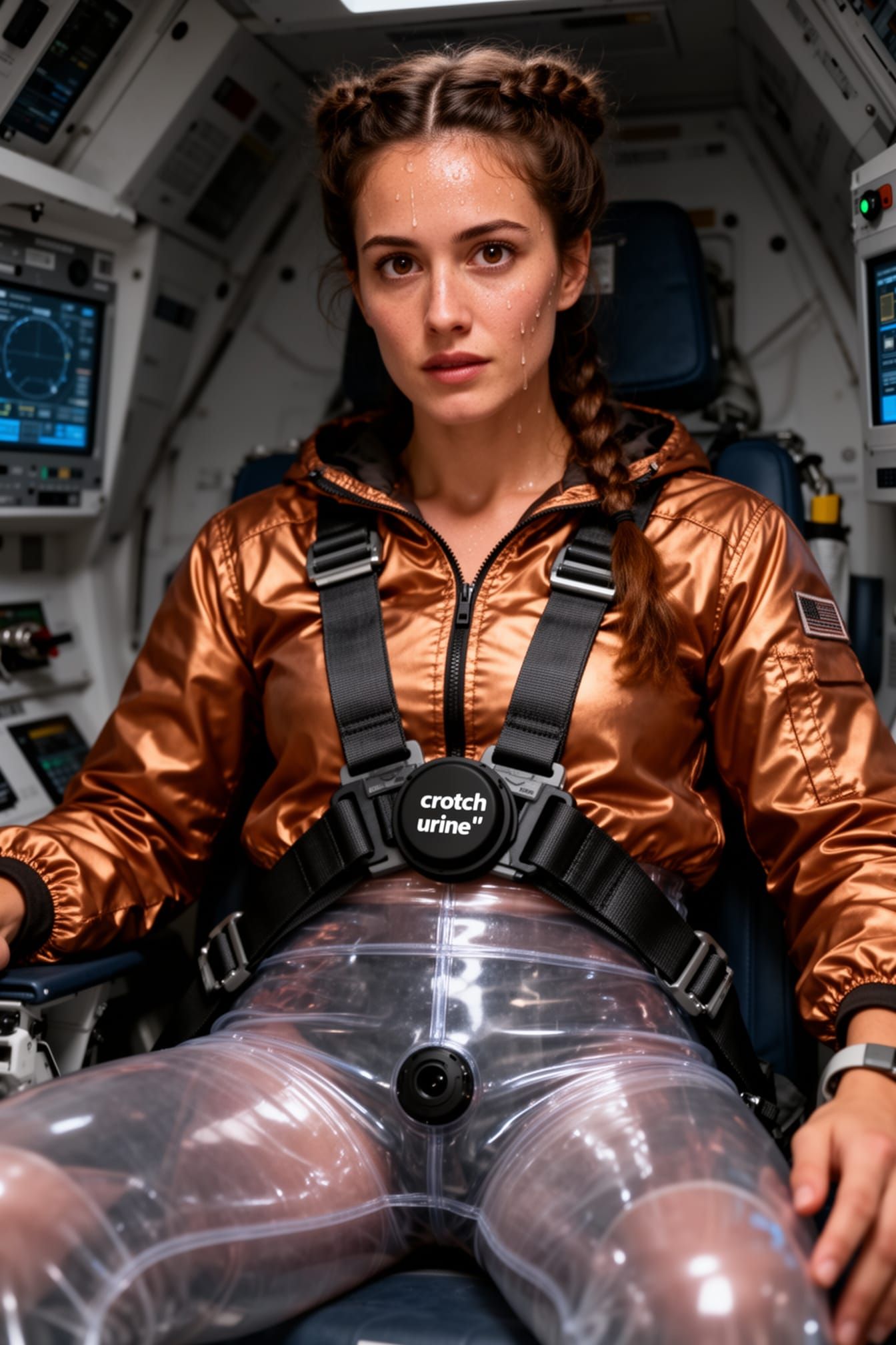Space Woman in Shuttle Wearing PVC Leggings and Copper Jacke...