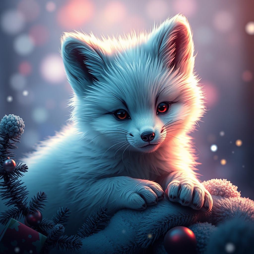 Fantastical Christmas Fox Pup in Vivid Winter Wonderland