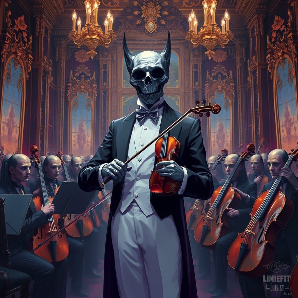 Maestro Conducts Mirrored Orchestra in Dark Fantasy Style