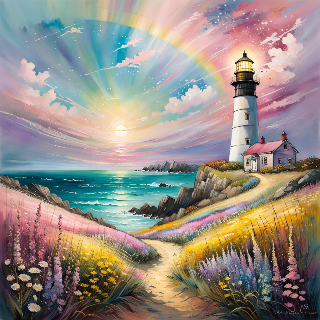 Surreal Lighthouse Radiates Wildflower Whimsy in Soft Pastel...