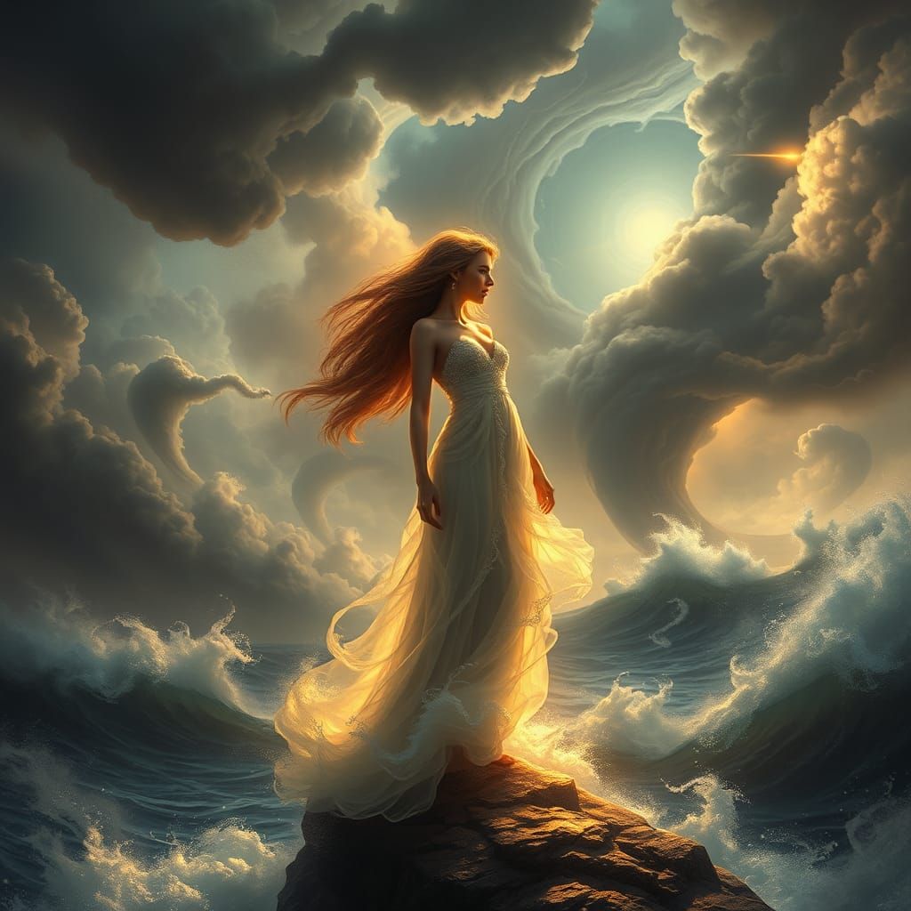 Mystical Maiden in Whirlwind Seascape