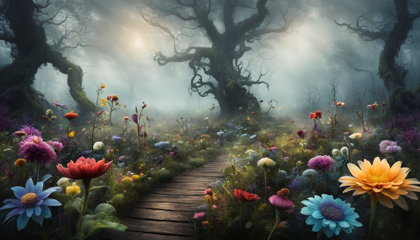 Fantastical Flowers Amidst Dark Forest Mist