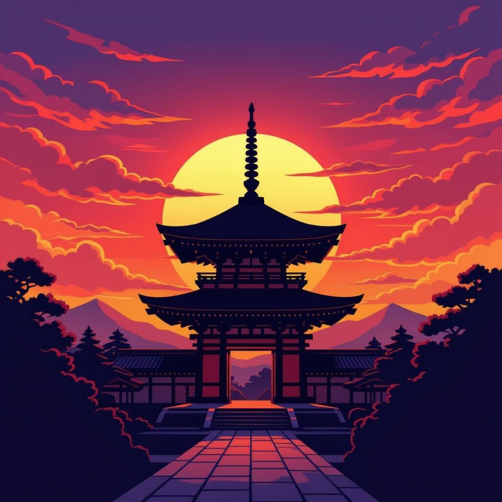 Japanese Shinto Shrine at Fiery Sunset in Ukiyo-e Style