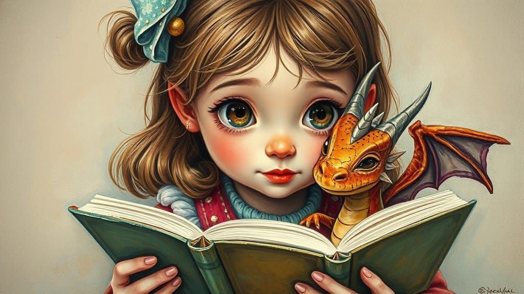 Whimsical Portrait of a Girl and Her Dragon in Impasto Style