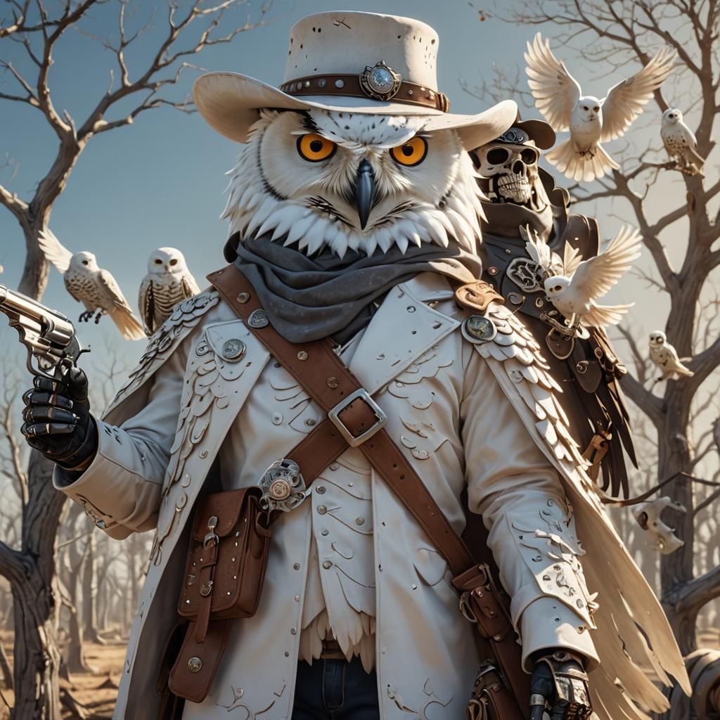 Cyberpunk Cowboy Snowy Owl Riding Skeleton Horse in 3D Anime...