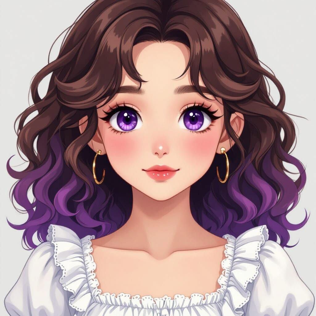 Anime Girl with Purple Hair and Frilly White Top