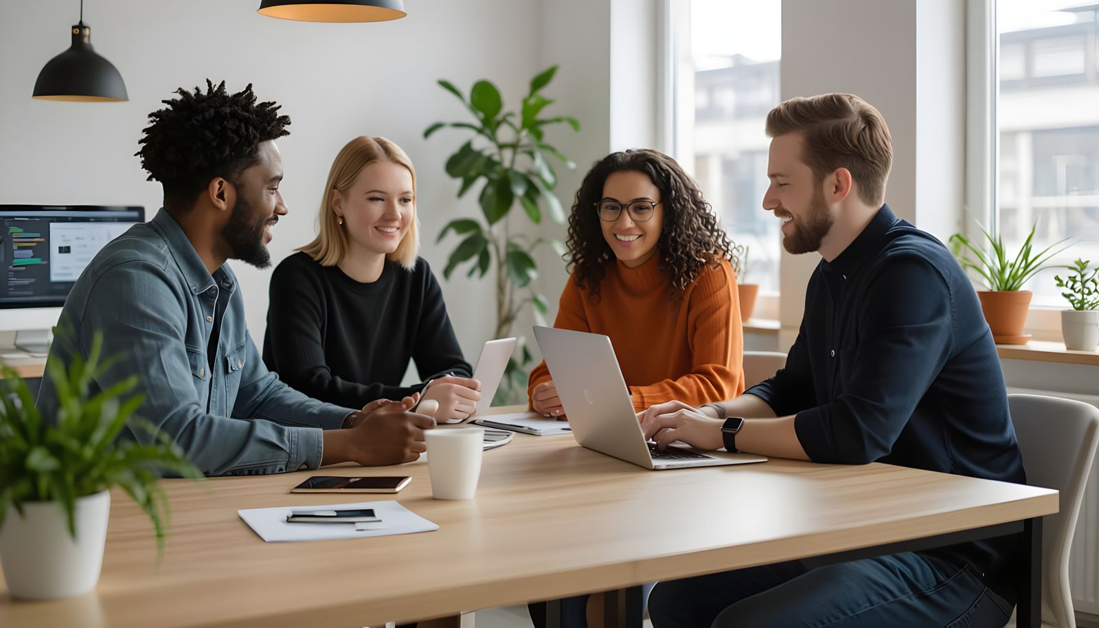 Diverse Professionals Collaborating in Bright Coworking Spac...