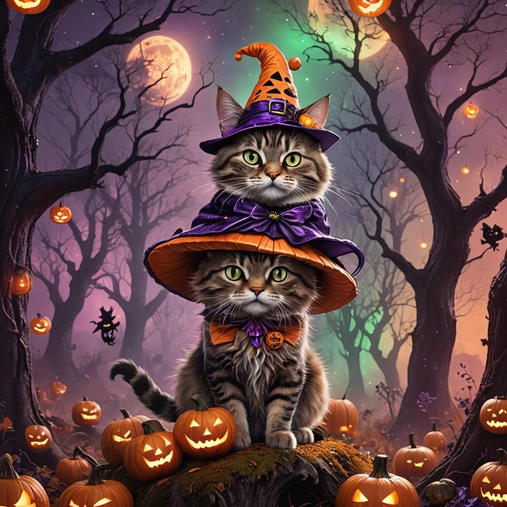Whimsical Witch's Feline Companion in Enchanted Forest