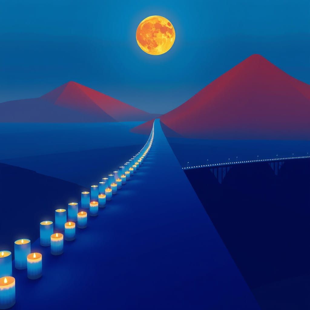 Serene Blue Bridge Under Orange Moonlit Sky in Cubist Style