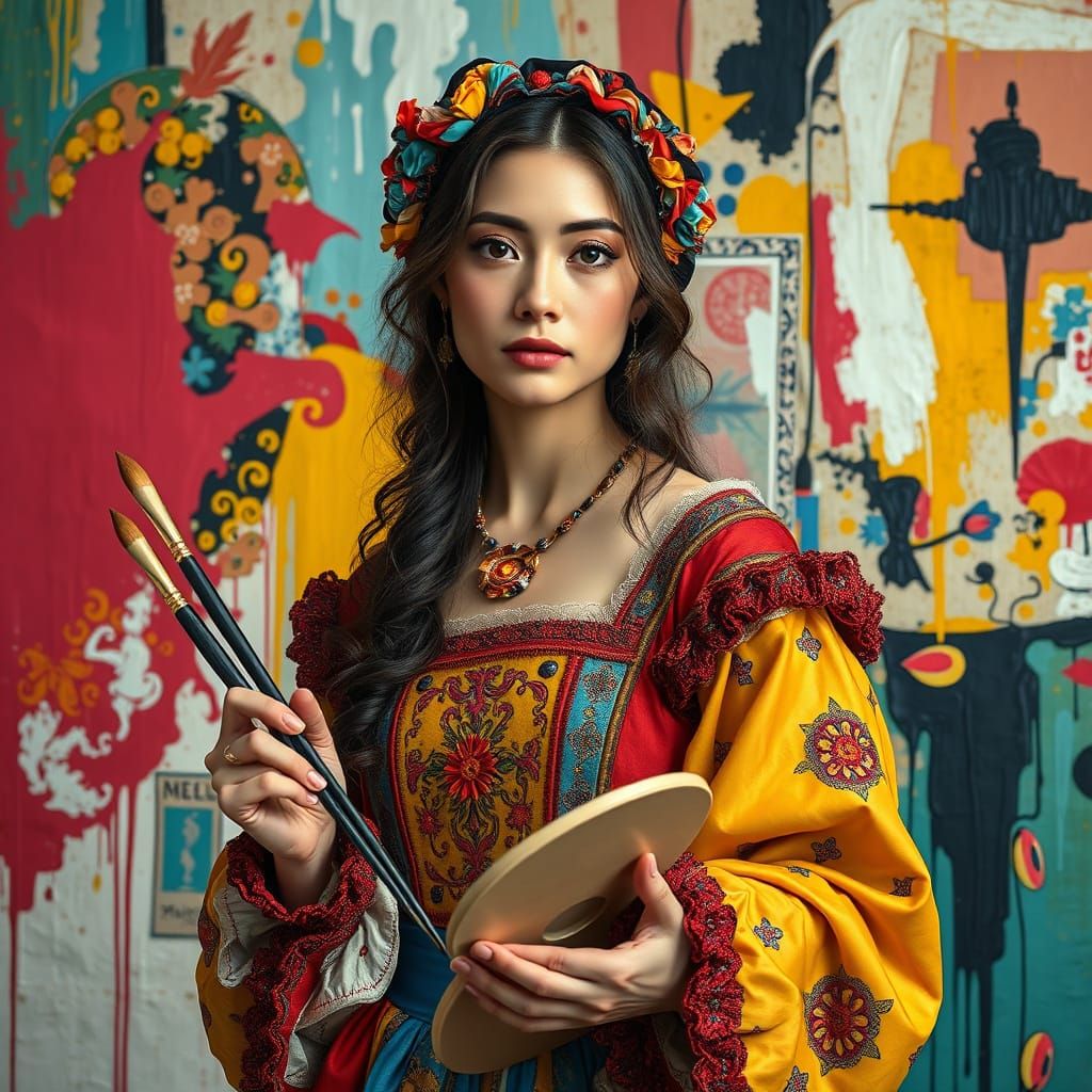 Hyperrealistic Painter in Renaissance Clothing with Abstract...