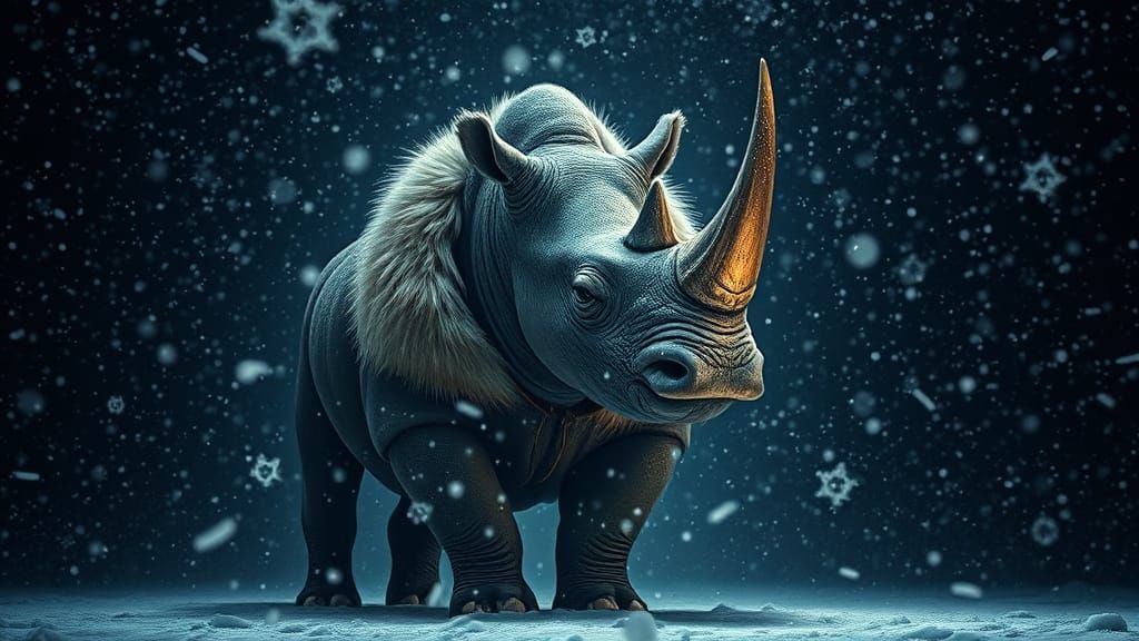 Rhino in Fur Jacket Amidst Blizzard
