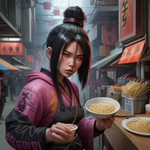 Cyberpunk Street Samurai Savors Street Food