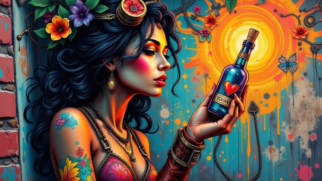 Woman Contemplating Vibrant Heart-Shaped Bottle in Neon Spla...