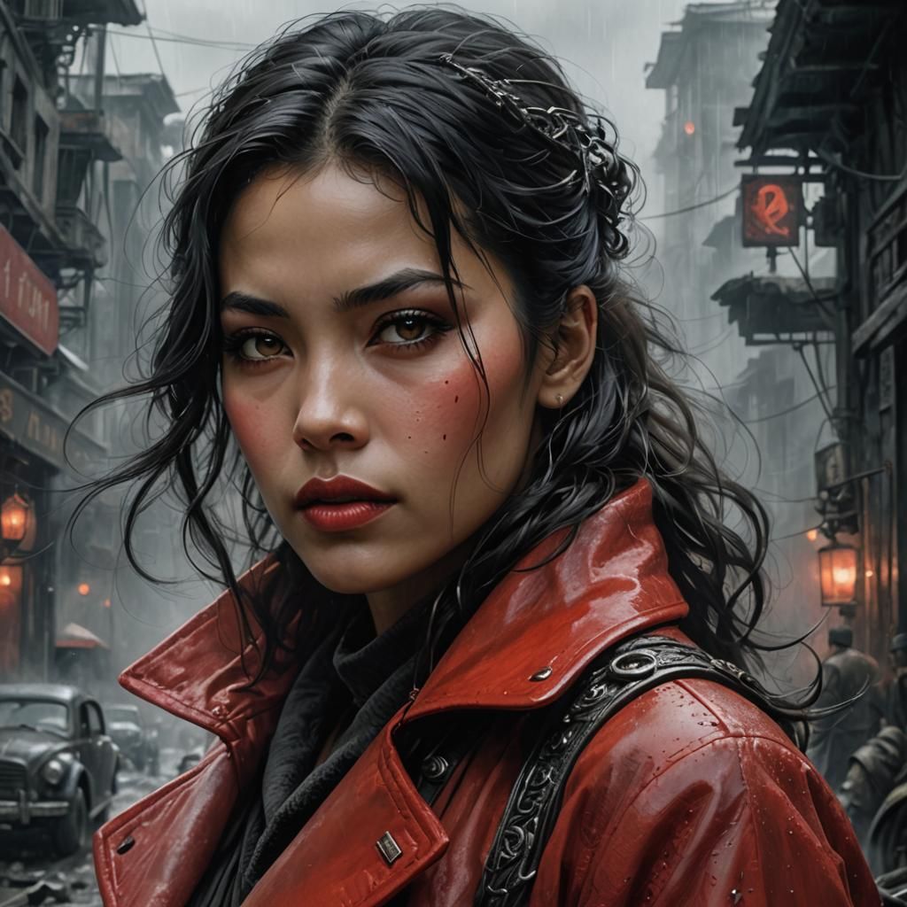 Mysterious Red-Coated Siren Emerging from the Fog