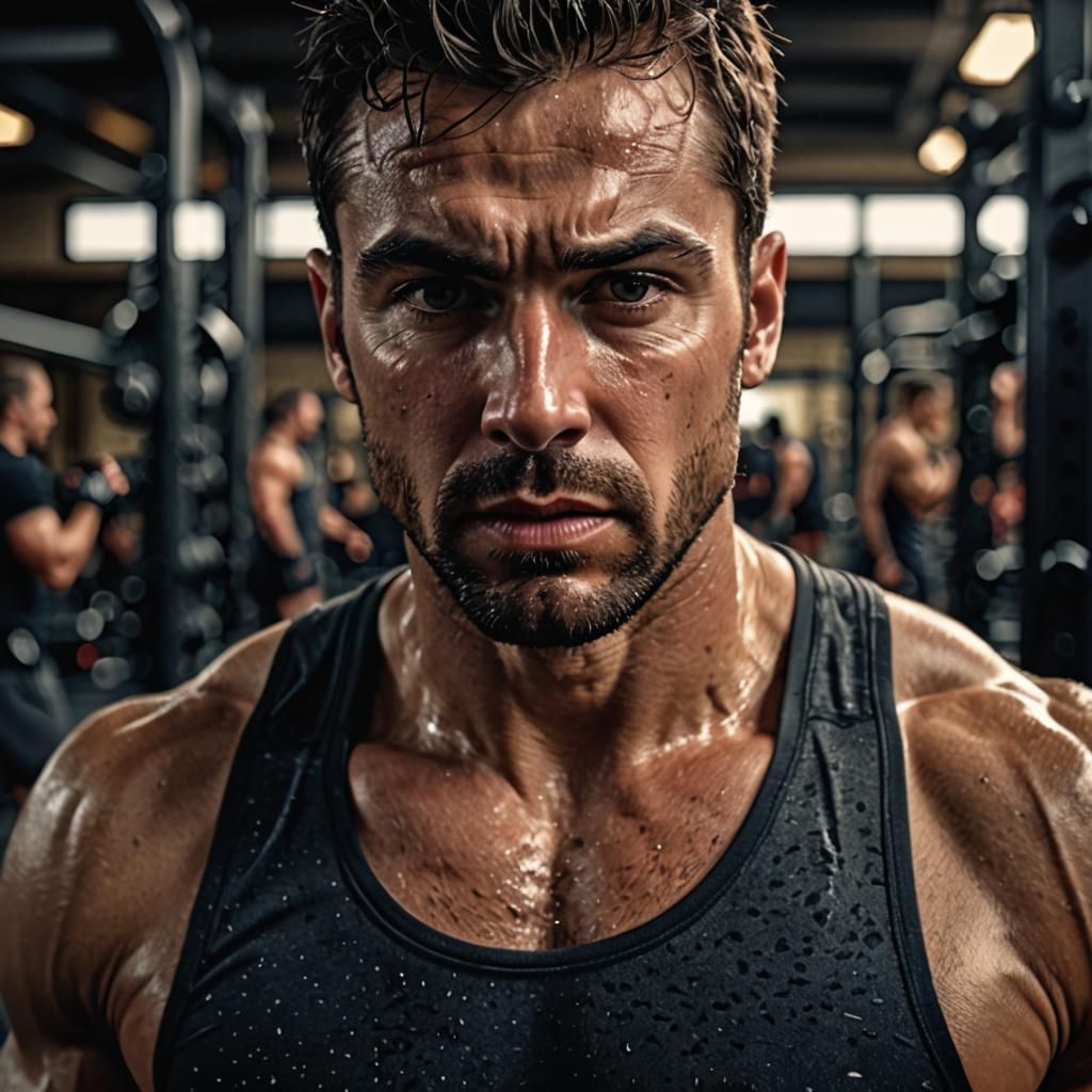 Hyperrealistic Portrait of a Man Sweating from Intense Worko...