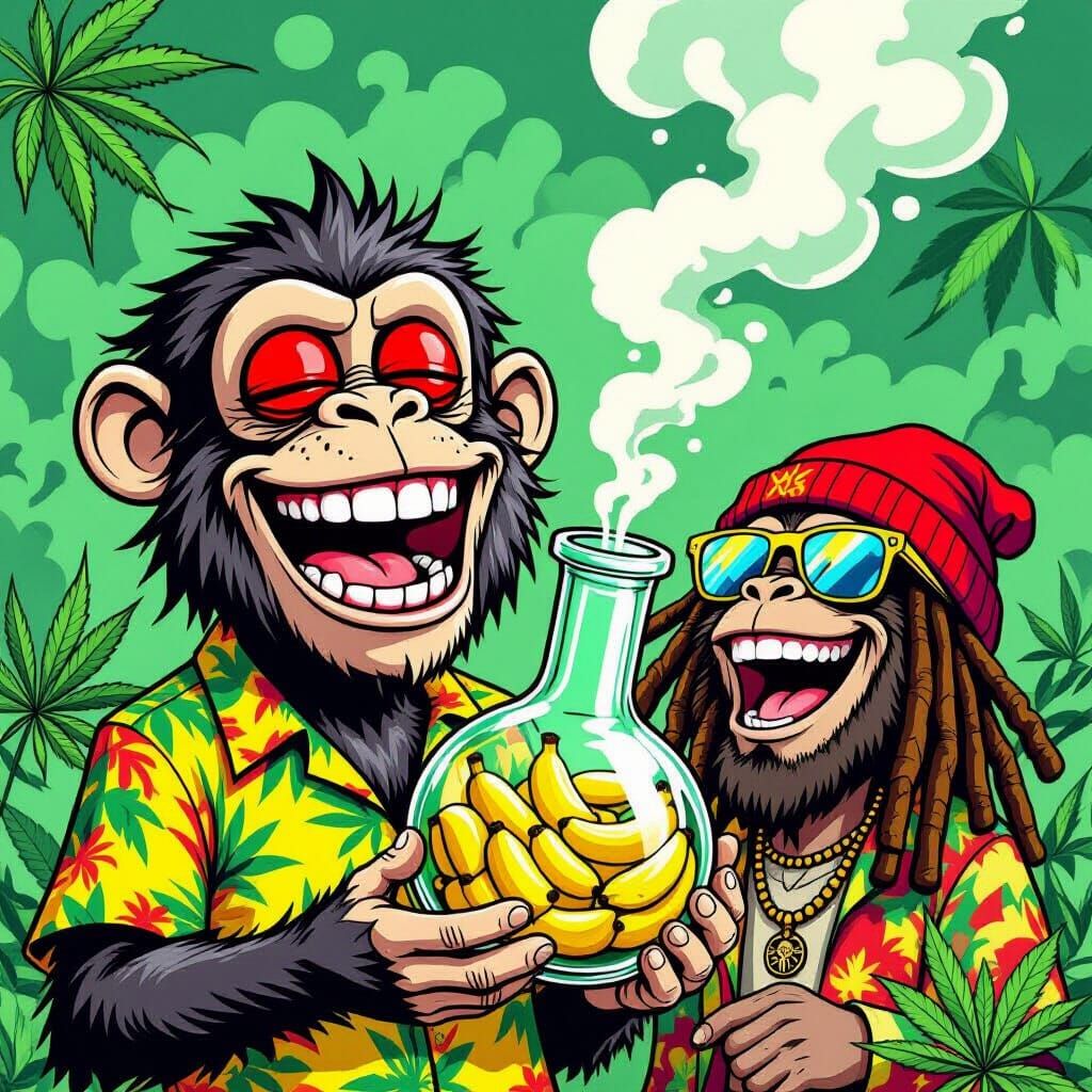 Cartoon Monkeys Laughing with a Bong of Bananas