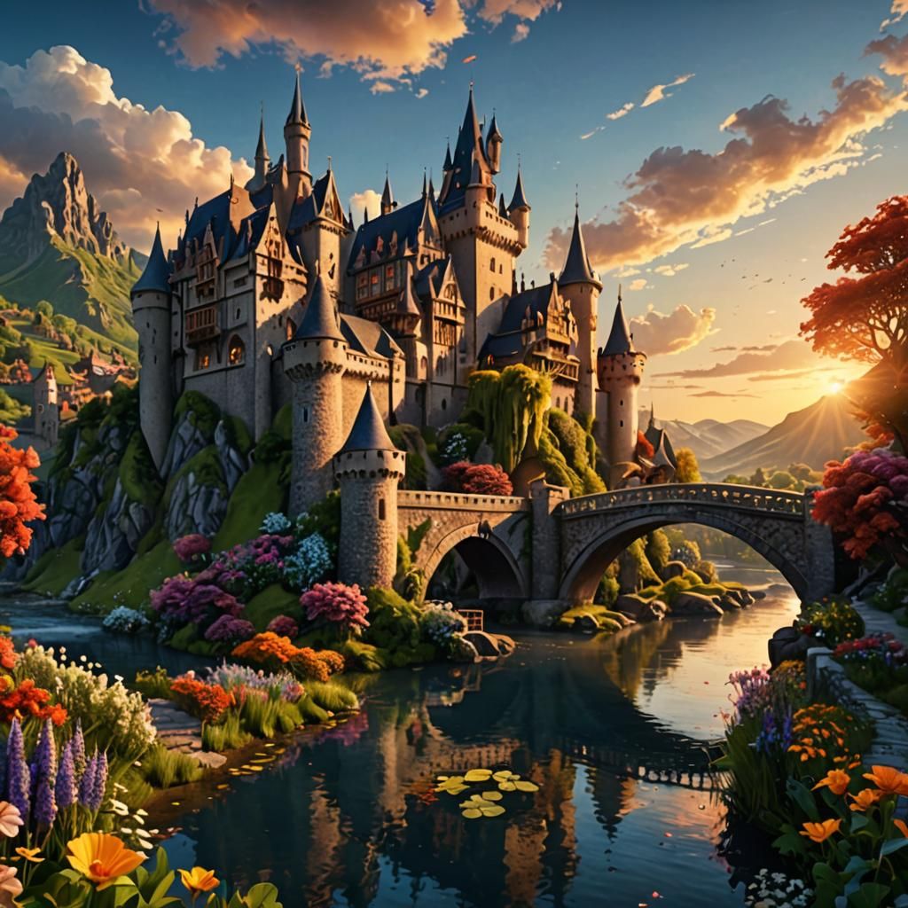 Ethereal Fantasy Castle at Sunset