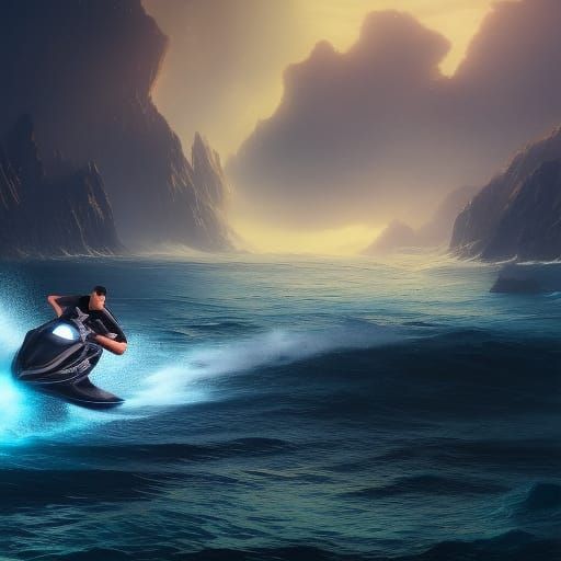 Starlit Jetski Adventure in Vibrant Fantasy World