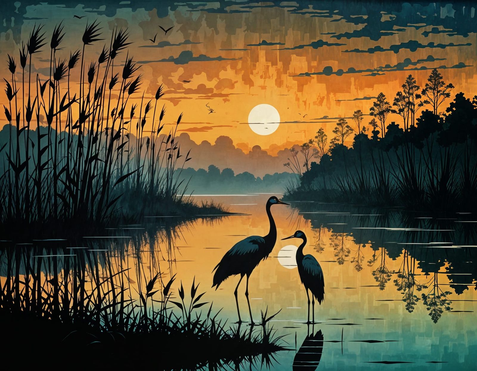 Cranes in Soft Evening Light, Abstract Art