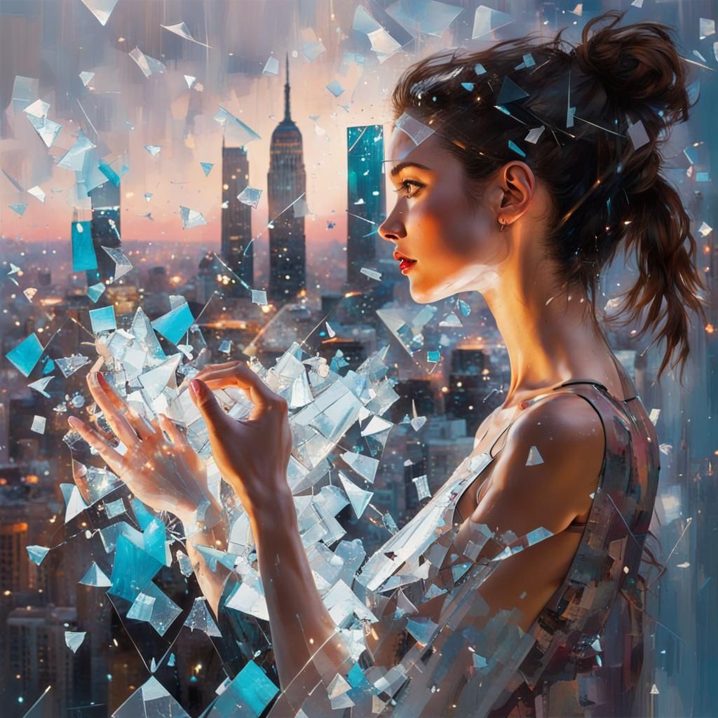 A Young Man's Holographic Reflection in a Glass Cityscape