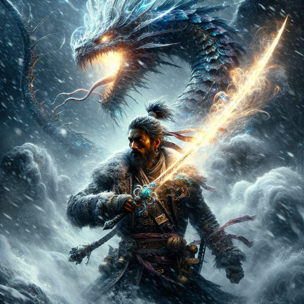 Hyper-Realistic Pirate Battles a Shimmering Dragon in a Snow...
