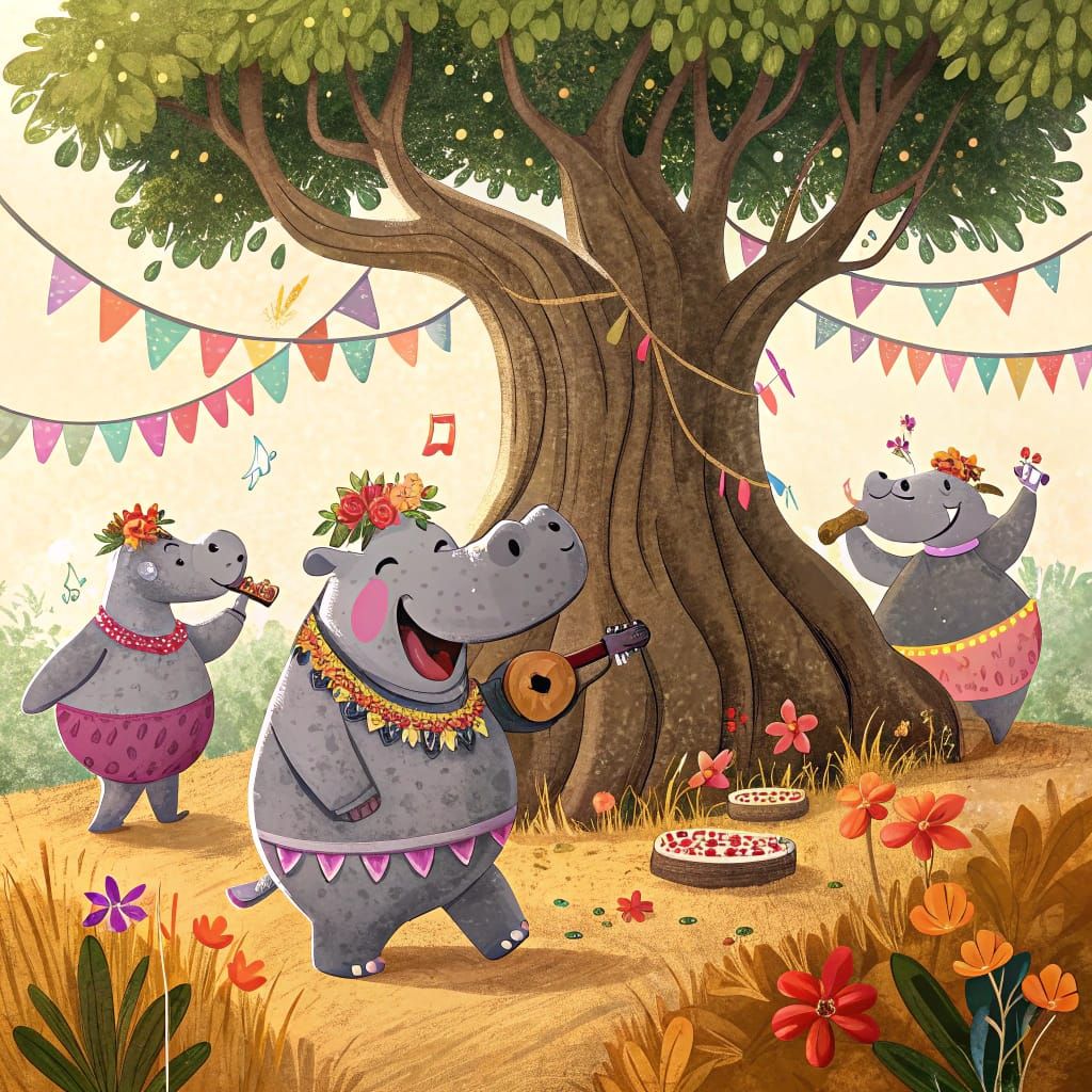 Vibrant Hippopotami Celebrate Under Banyan Tree