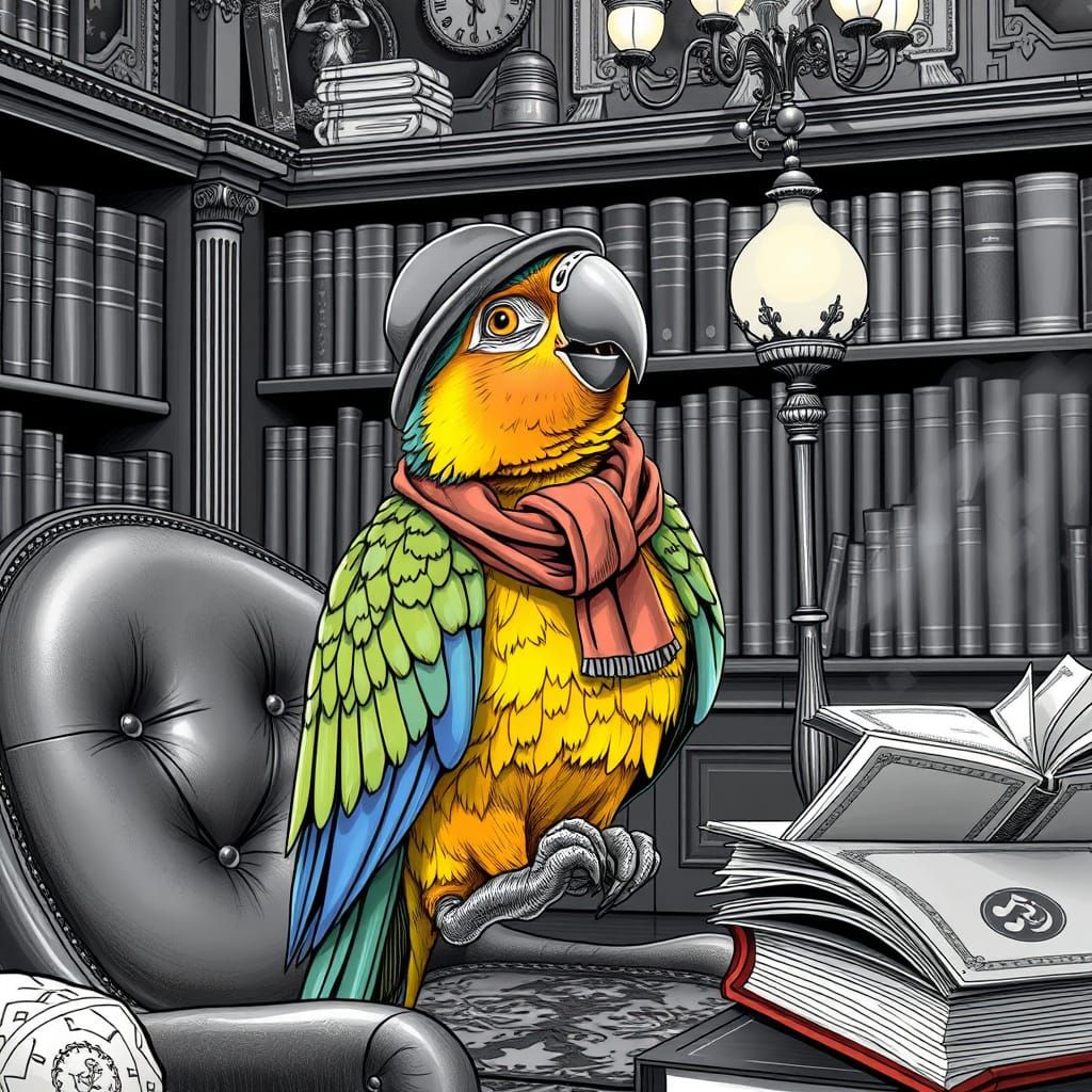 Parrot's Vintage Duet: Alphonse Mucha-Inspired Black and Whi...