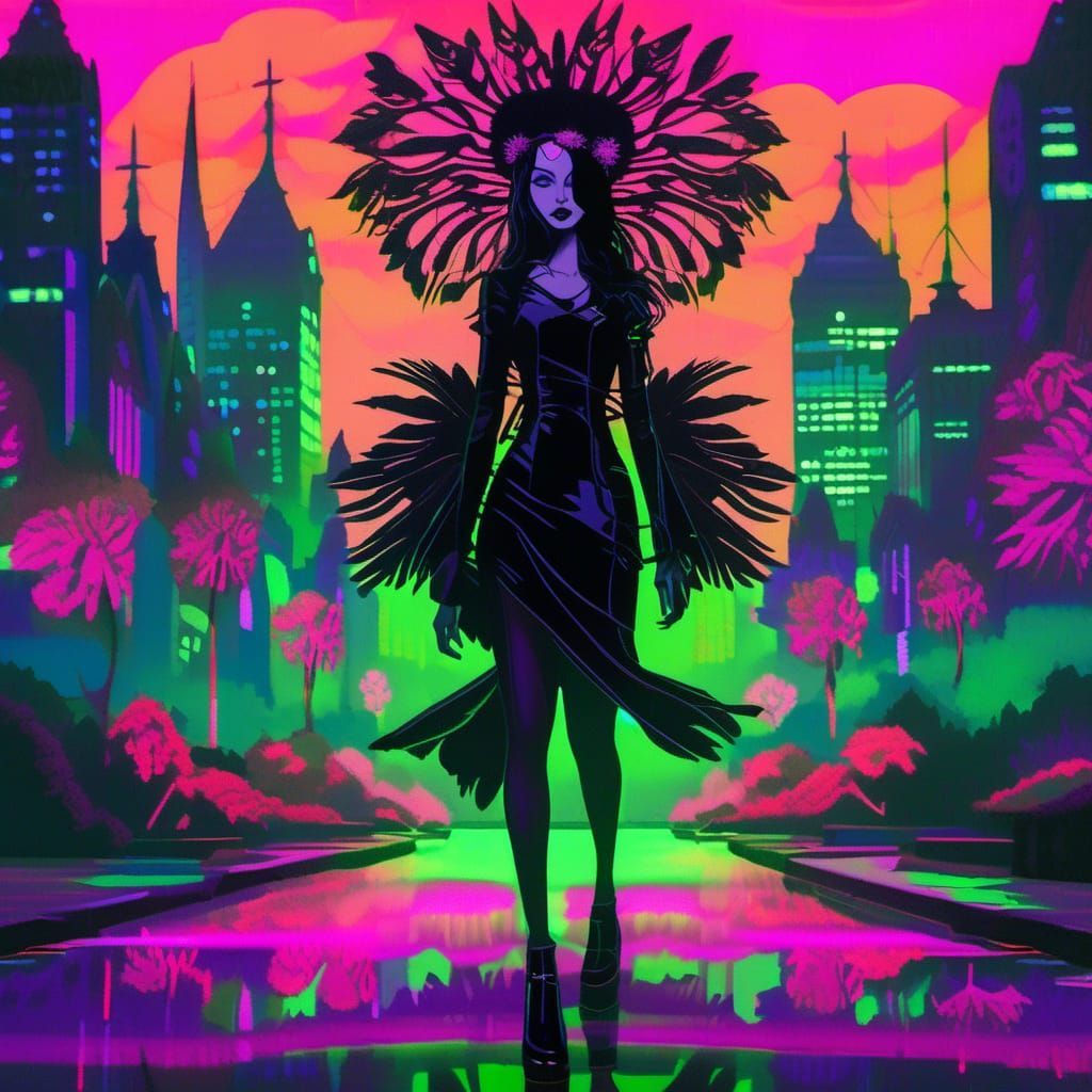 Gothic-styled woman walking alone in a city park at night