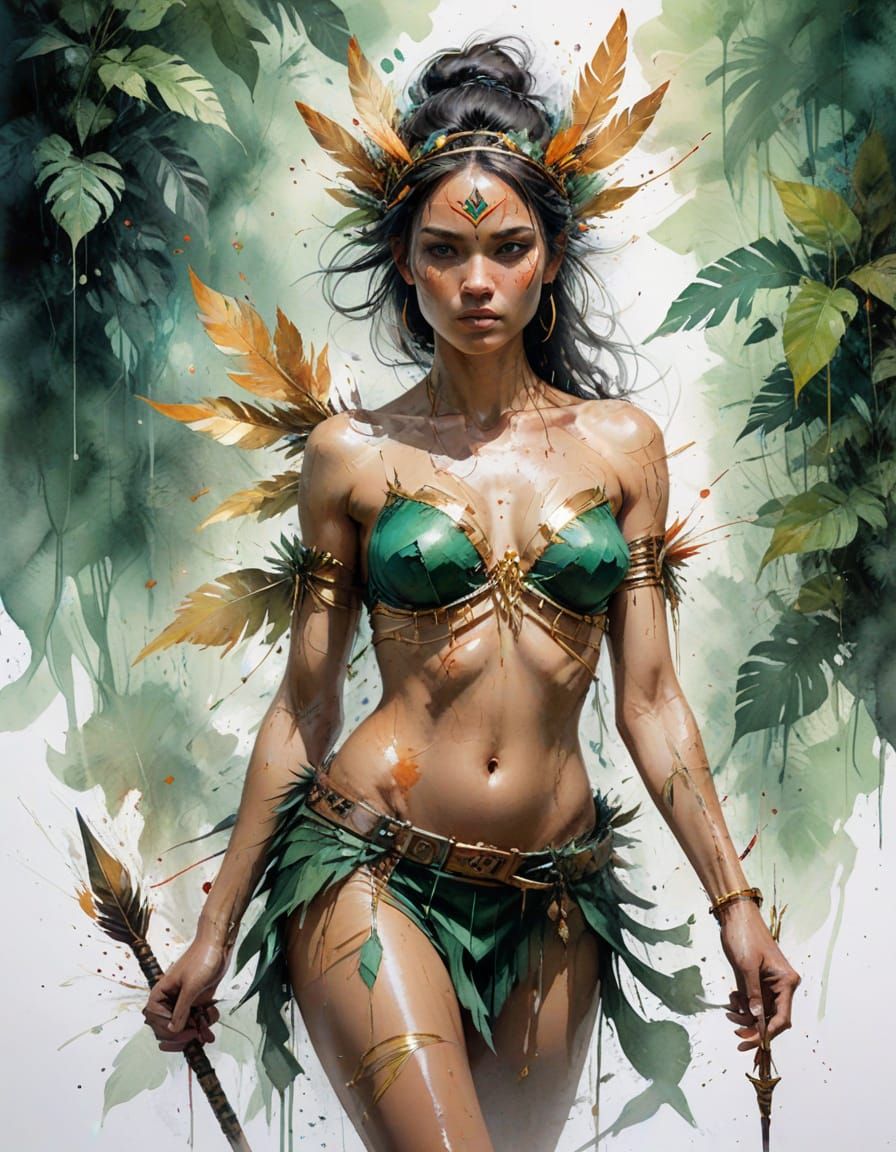 Amazonian Huntress in Primal Wilderness, Stylized Watercolor