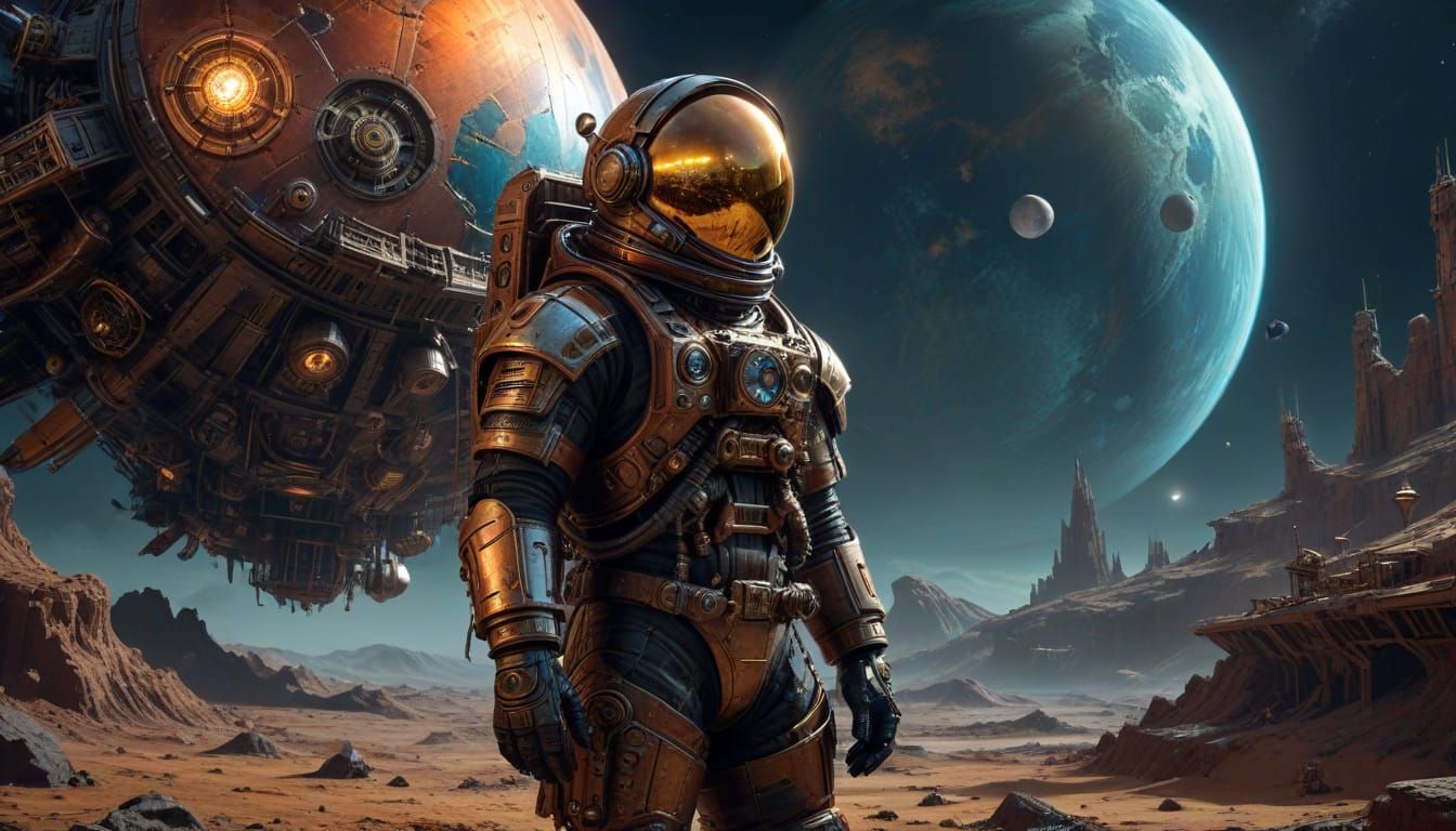 Steampunk Astronaut on Moonlit Planet
