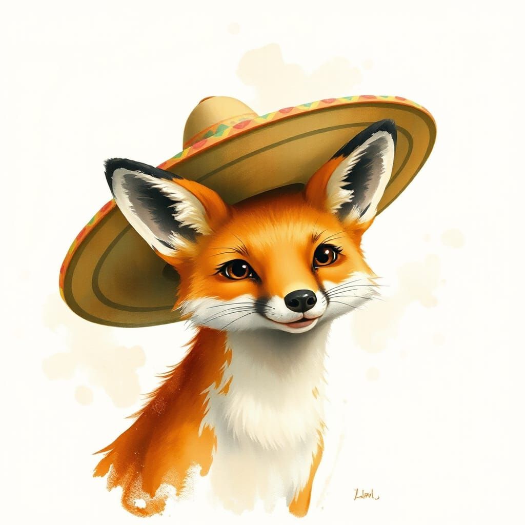 Fox with Sombrero in Watercolor Style