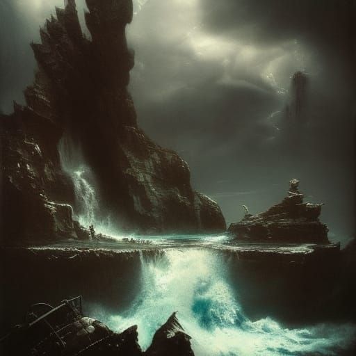 Flyer on Human Skull Island Amid Churning Sea