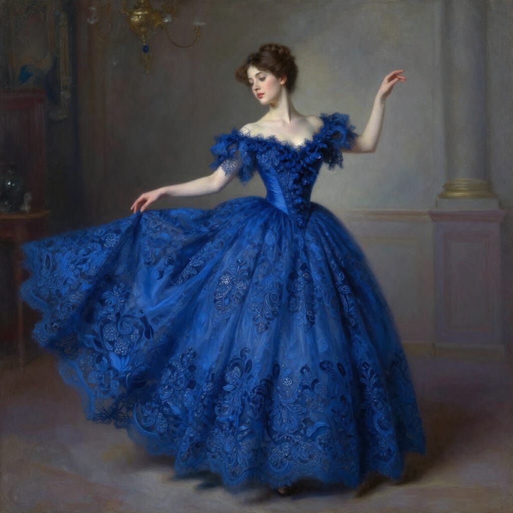 Woman in Sapphire Blue Lace Ball Gown