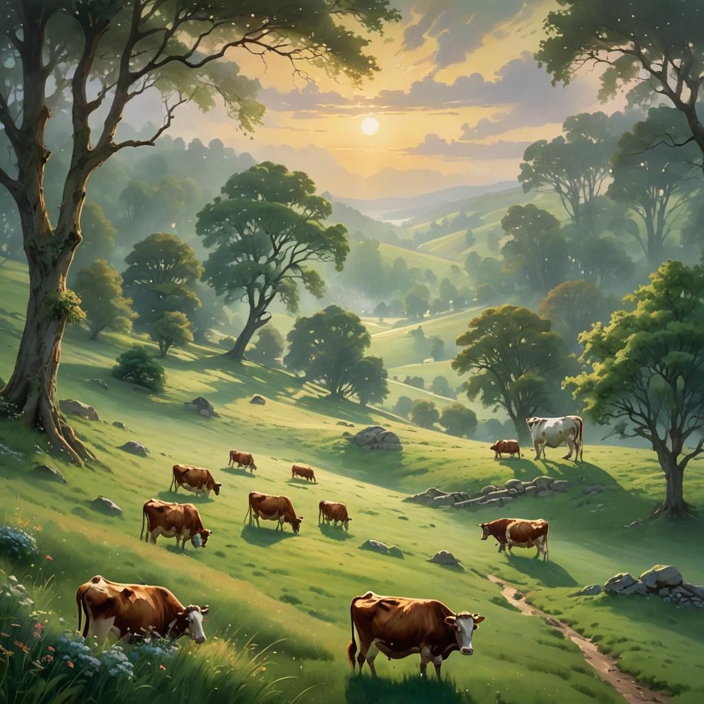 Ethereal Fantasy Landscape with Cows in a Serene Green Meado...