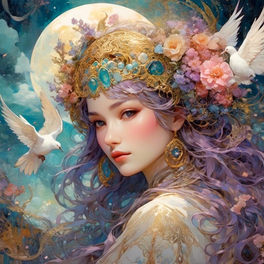 Surreal Goddess of Peace in a Whimsical Fantasy Landscape