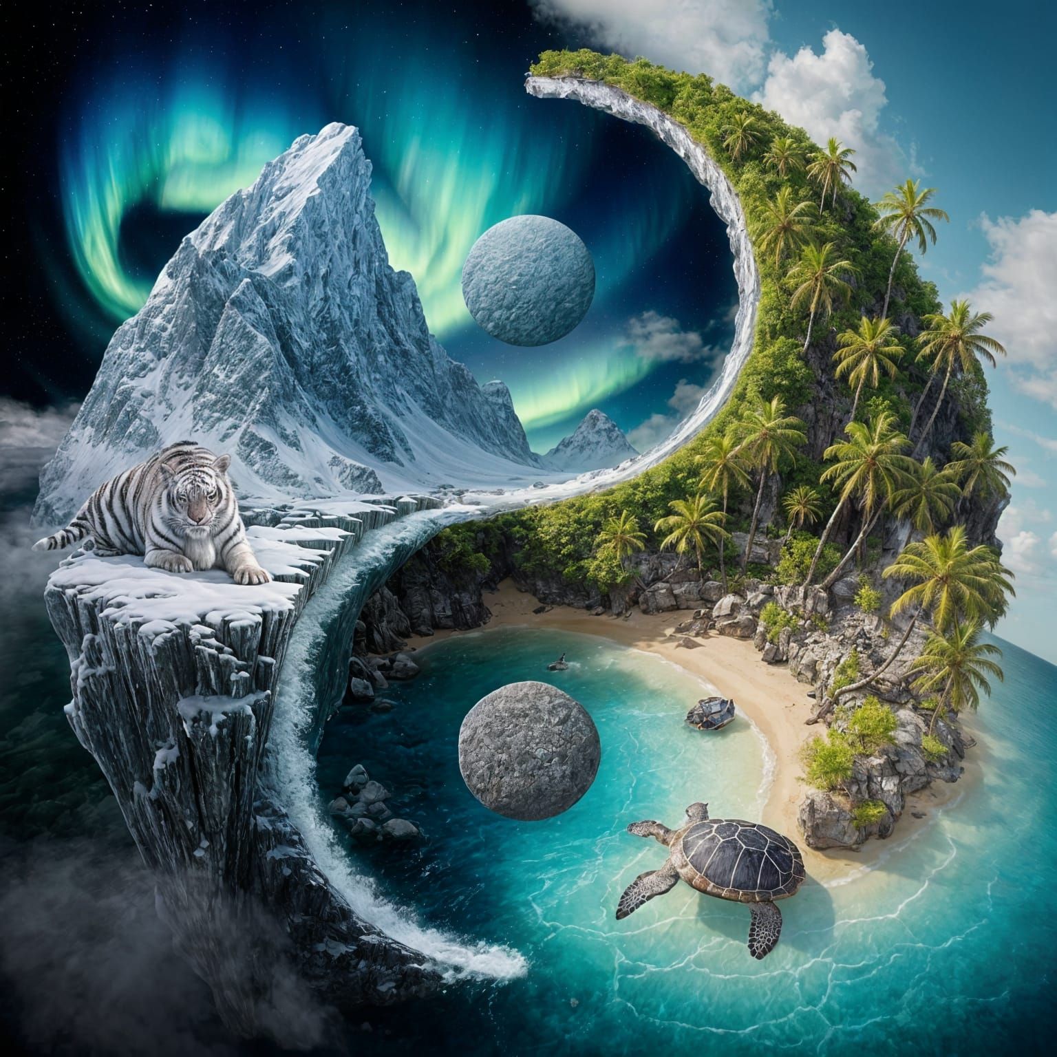 Yin-Yang Mandala: Mountains and Ocean in 3D Render