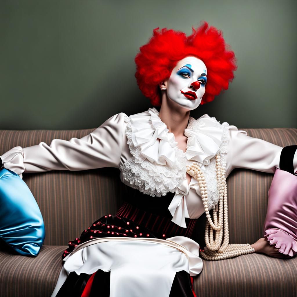 Hyperrealistic Female Clown in a Moody Living Room
