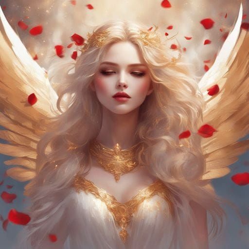 Glowing Angel with Long Hair and Rose Petals in a Golden Aes...